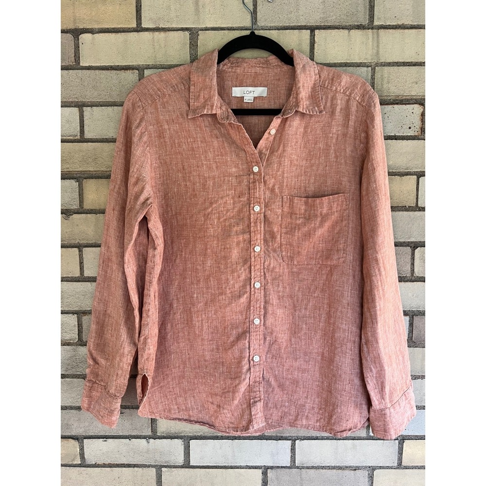 LOFT Terracotta Brown 100% Linen Long Sleeve Button Down Shirt Medium
